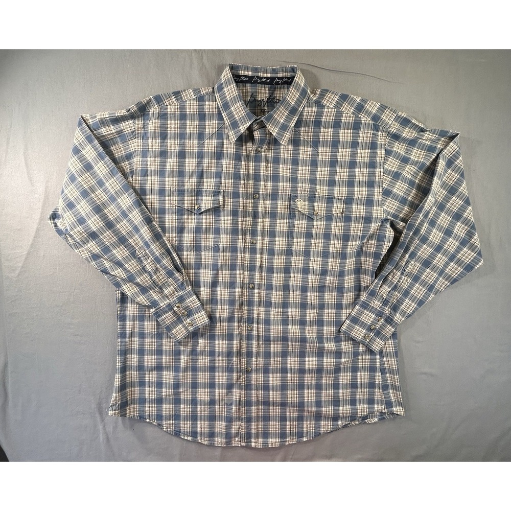 George Strait Pearl Snap Blue‎ Plaid Shirt XXL has a Stain